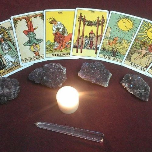 Tarot Cards, Amethyst, Candle Light, Crystal Wand.