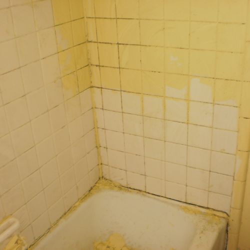 Shower tiles before paint is removed and cleaned
