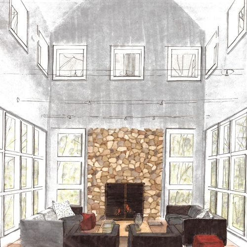 Hand rendering - Vaulted ceiling, stone fireplace,