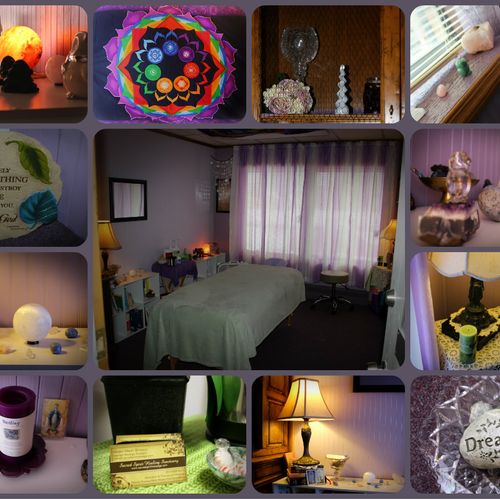A montage of photos of the massage space at Sacred