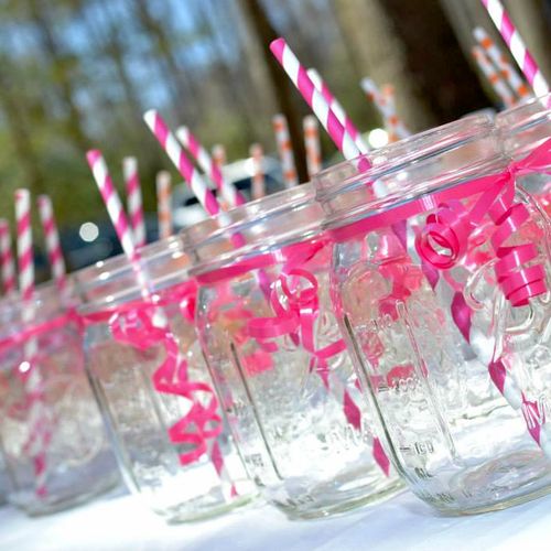 Customized Mason jars served as drinking cups at t