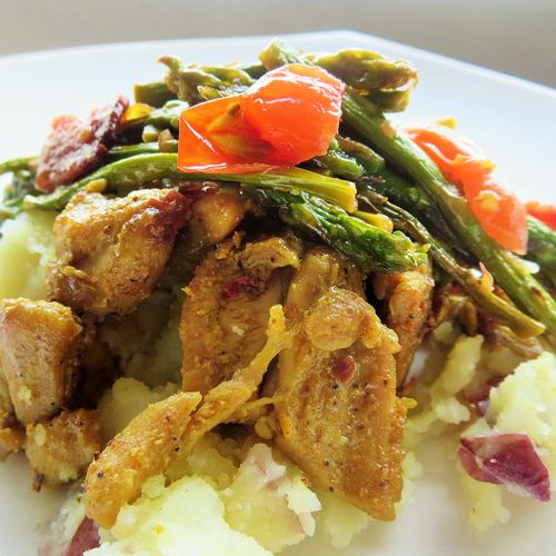 Curried Chicken, Balsamic asparagus with Bacon and