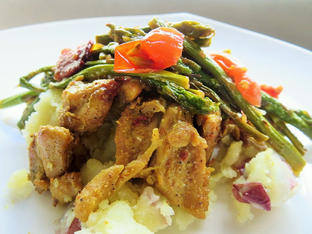 Curried Chicken, Balsamic asparagus with Bacon and