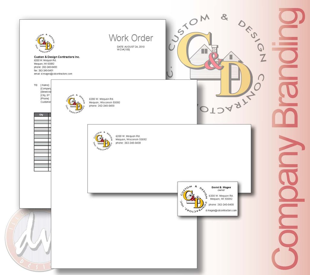 Sample of company letterhead, business card, envel