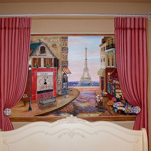 Custom Paris Mural with painted curtains and windo