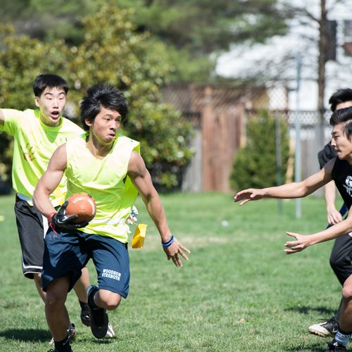 Action shot during a flag football game hosted in 