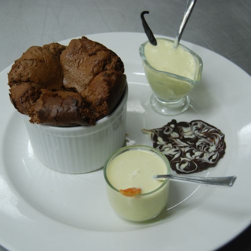 Chocolate Souffle with Crem Anglaise and Sauce au 