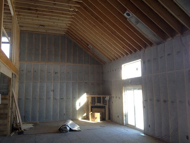 Cellulose insulation has been blown into the walls