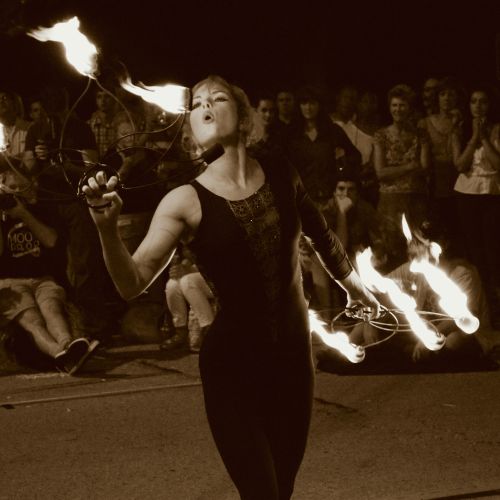 "Girl on Fire" Moon Drop circus, first Friday's at