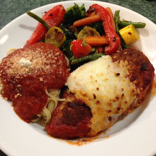 Chicken Parmesan Dinner with spaghetti noodles and