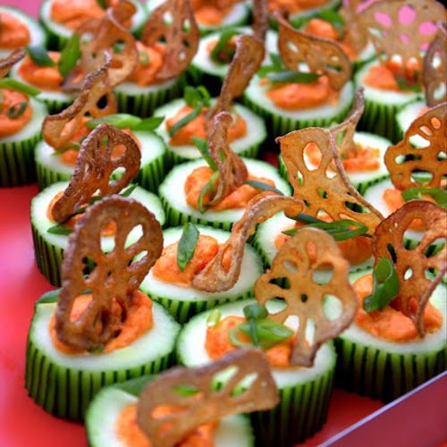 Red Pepper Mousse in Fresh Cucumber with fried Lot