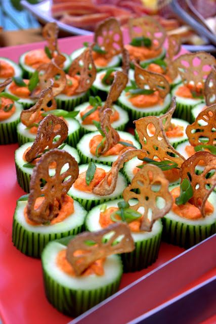 Red Pepper Mousse in Fresh Cucumber with fried Lot
