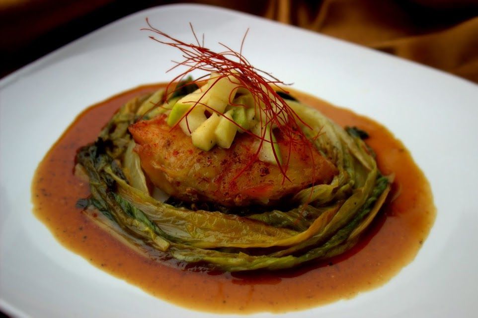 Chicken Confit with Braised Romaine, Duck Reductio