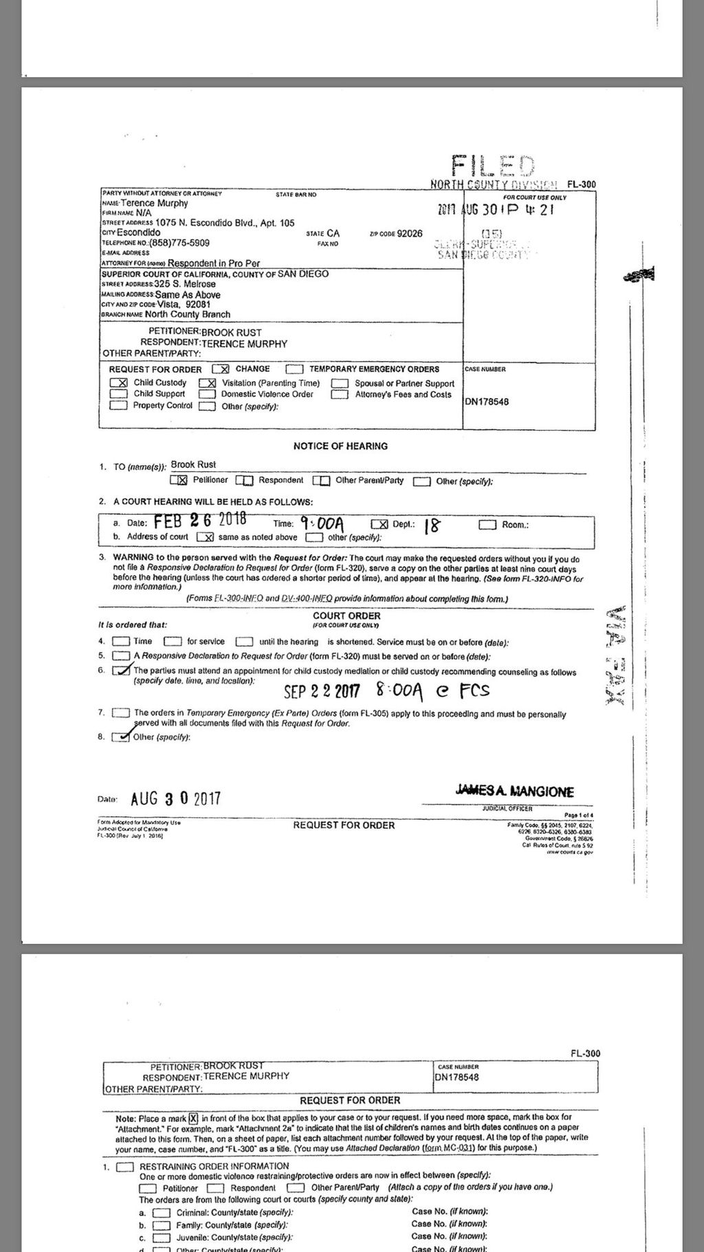 Request for Order to Modify Custody/visitation 