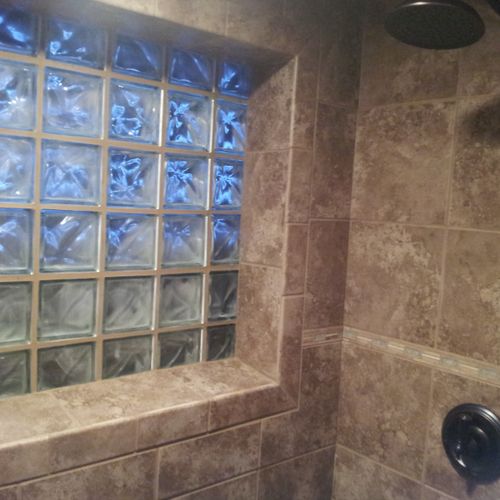 Bath with glass block and tile