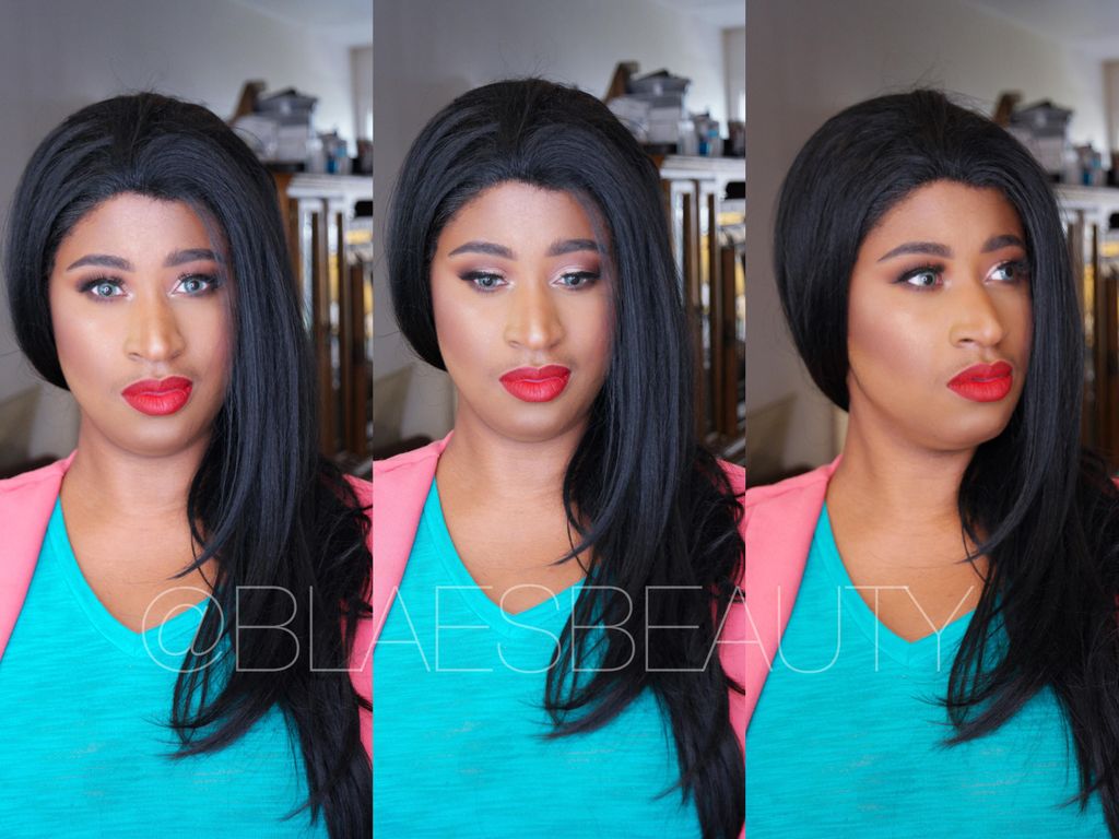 Client makeup, neutral eye with red lips