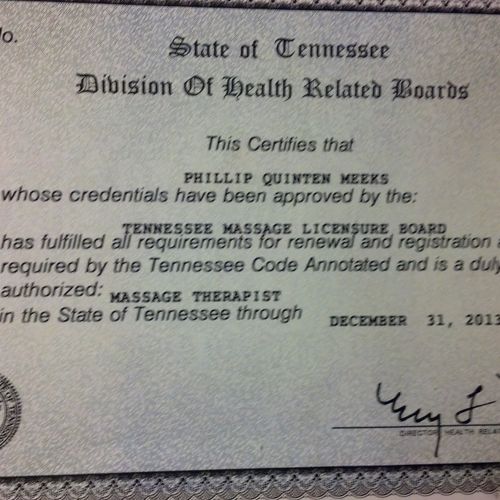 State Licensed to Practice Massage Therapy wherein