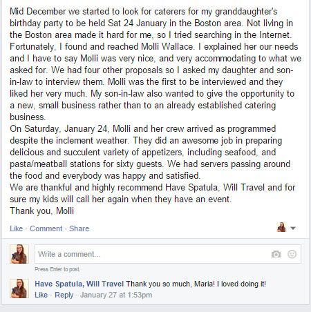 A customer's review of her catering services via f