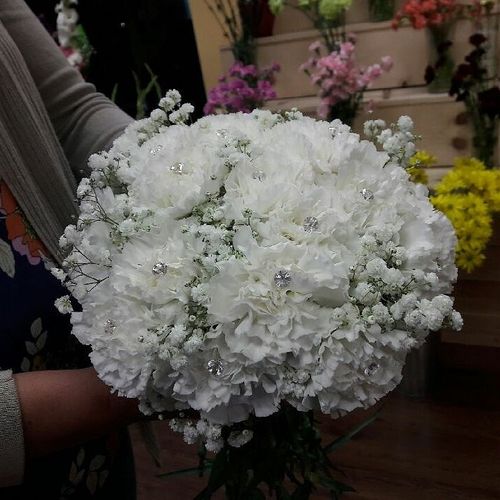 18 white carnations with baby breath $79.99