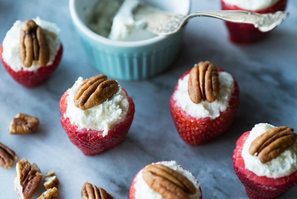 Goat Cheese Stuffed Strawberries, topped with Roas