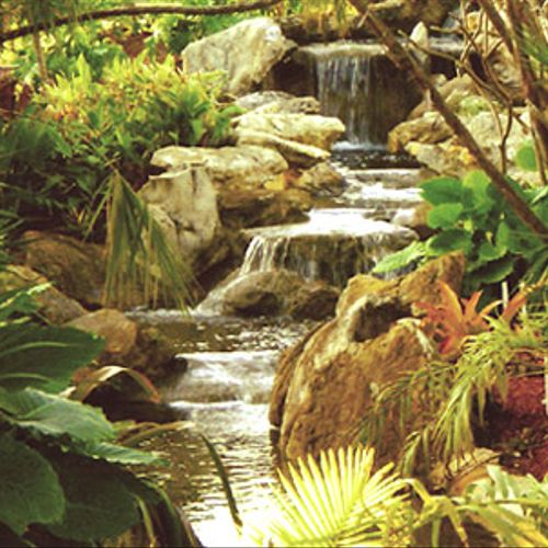 Real rock waterfall and stream, with lush landscap