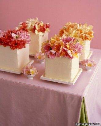 Small unique square wedding cakes, topped with bea