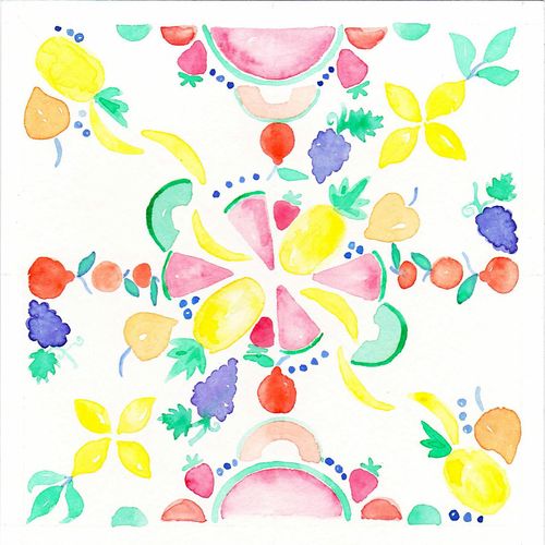 Watercolor fruit mandala design by Katie Harvey