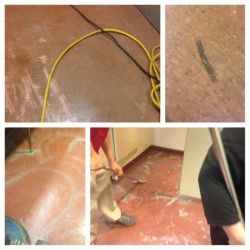 Before and during cleaning a bathroom floor at a l
