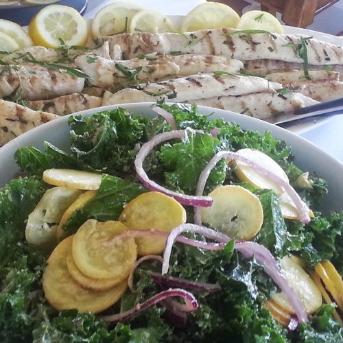 Walleye with a summer squash and kale salad, tahin
