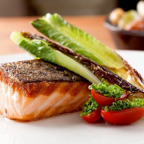 Seared Salmon with roasted romaine & cherry tomato