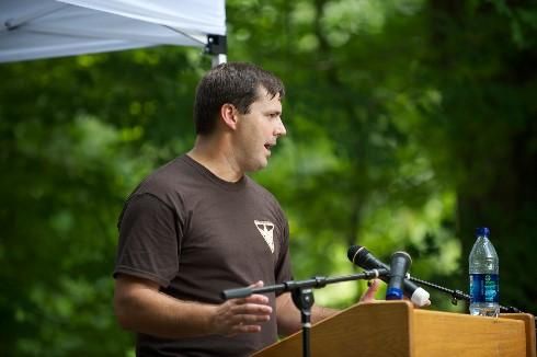 me speaking at at an outdoor political rally.