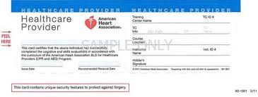 Sample CPR BLS card for Healthcare Providers from 