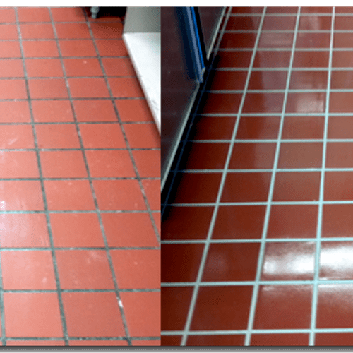 Side by side comparison of a tile floor we cleaned