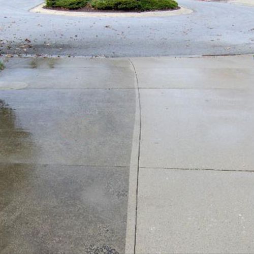 Before and after pressure washing on sidewalk