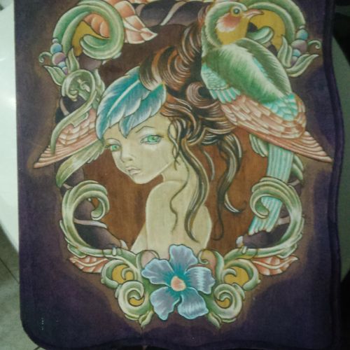 colored pencil on wood, acrylic wash background, j
