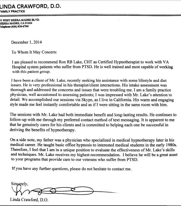 Letter of Recommendation from Dr. Crawford D.O. Ca