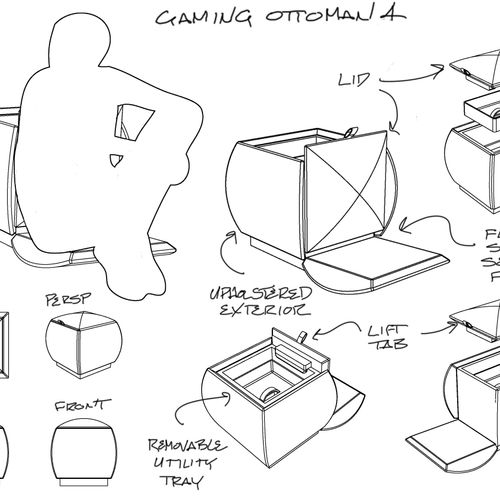 Gaming ottoman concept sketch.