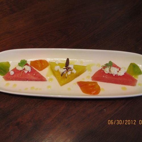 Cool watermelon and heirloom tomato salad with fet