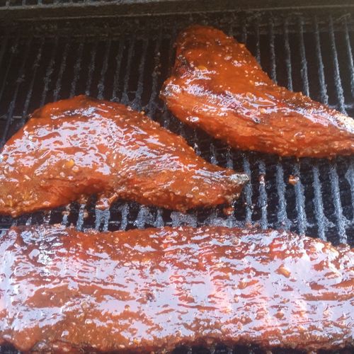 Apple wood Smoked (4hrs) tri-tip and ribs all pers