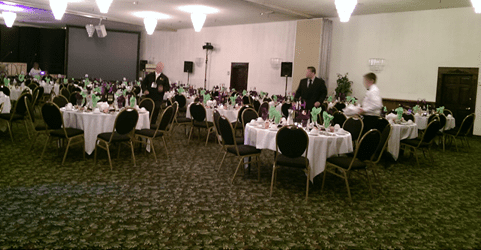 Hall prepared and set for a banquet.