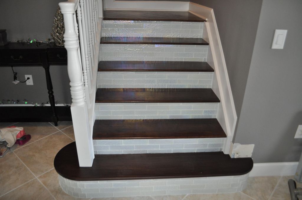 Engineered Wood Staircase with Glass Tile Risers