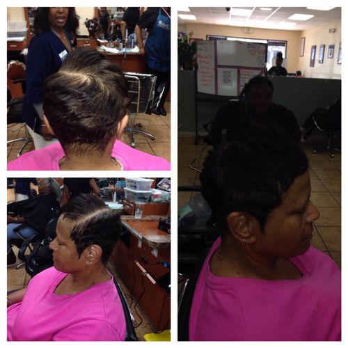 Short hair cut, relaxer, color, and style