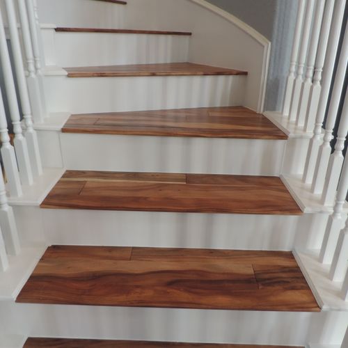 Natural Acacia on stairs with white painted risers