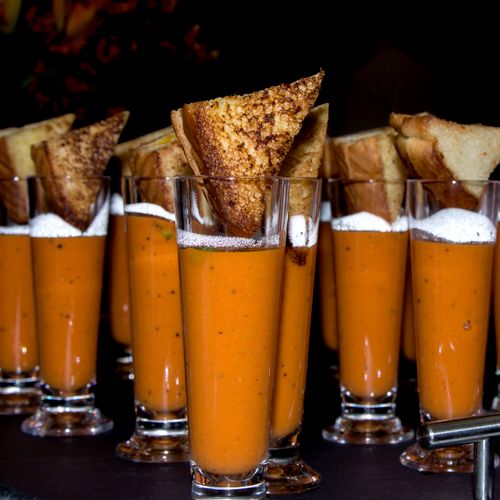 Tomato Bisque Shooters With Miniature Grilled Chee