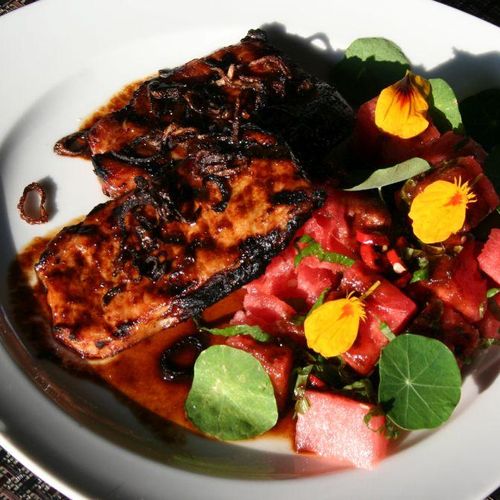 Grilled Pork chops with Korean glaze, watermelon s
