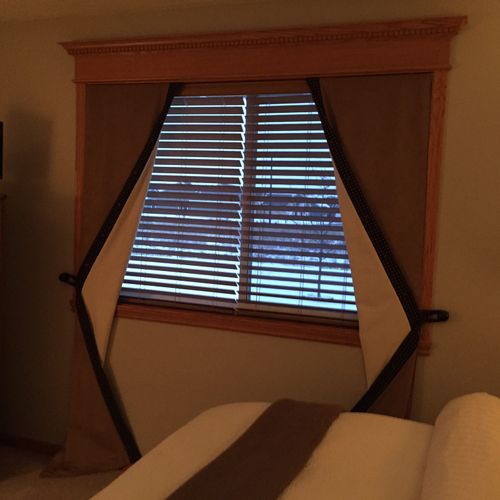 Custom Bedroom Decor including window treatments, 