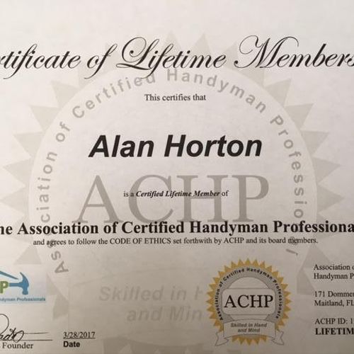 Certificate for The Association of Certified Handy