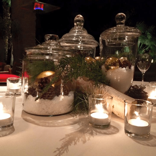 Centerpieces for a backyard holiday dinner.