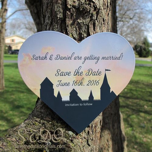 Heart shaped wedding save the date magnet with a d
