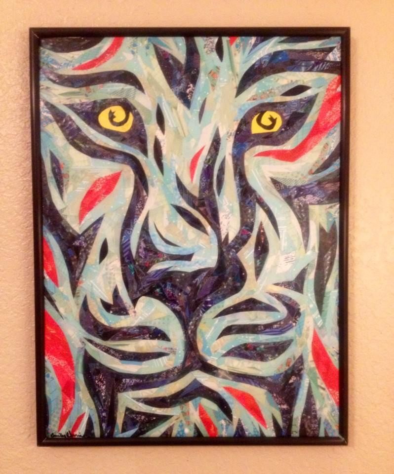 12x16" Big Cat Collage, made from magazine paper